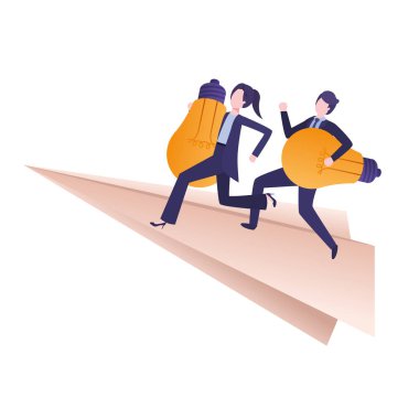 Kağıt düzlem ve ampuller üzerinde iş çift