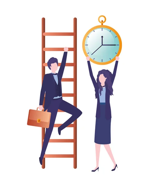 Business couple with stair and clock avatar character — Stock Vector