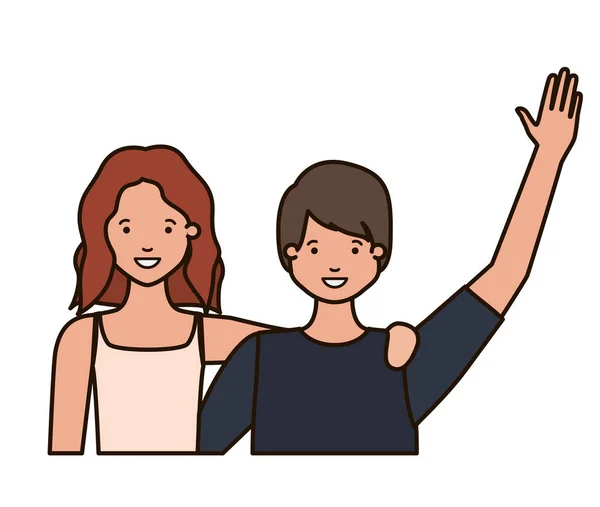Jovem casal com mãos para cima avatar personagem —  Vetores de Stock