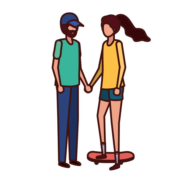 Jovem casal com skate avatar personagem — Vetor de Stock