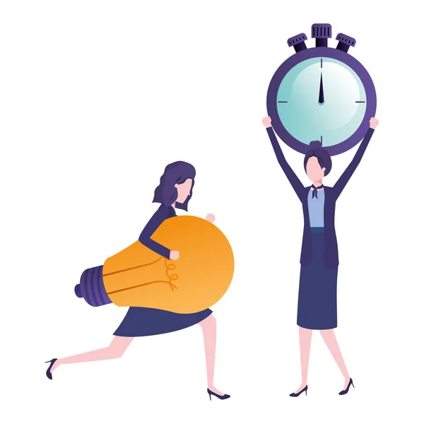 Businesswomen with clock and light bulb character — Stock Vector
