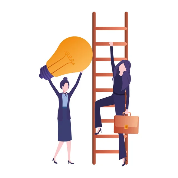 Γυναίκες επιχειρηματίες με σκαλοπάτι και λάμπα avatar χαρακτήρα — Διανυσματικό Αρχείο