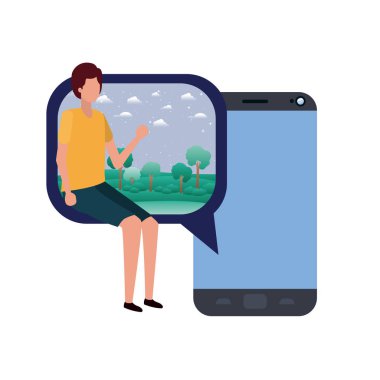 Genç adam oturma avatar karakter ile cihaz ekranı