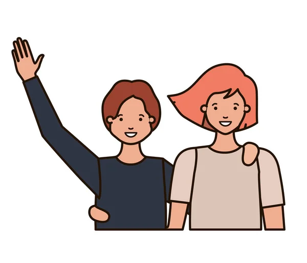 Giovane coppia con le mani in alto personaggio avatar — Vettoriale Stock