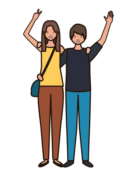 Young couple with hands up avatar character — Stock Vector