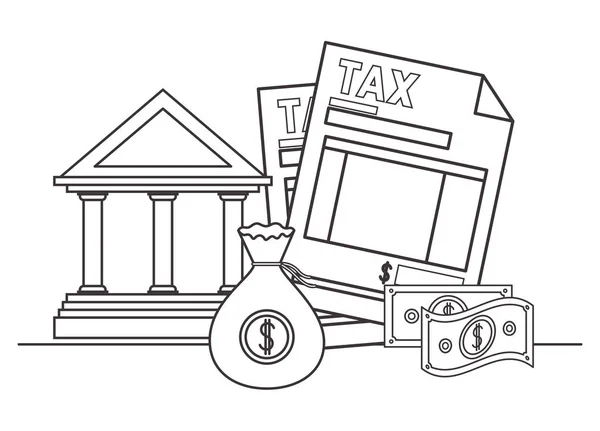 Steuerbeleg mit Bankgebäude und Geld — Stockvektor