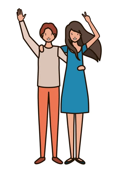 Young couple with hands up avatar character — Stock Vector