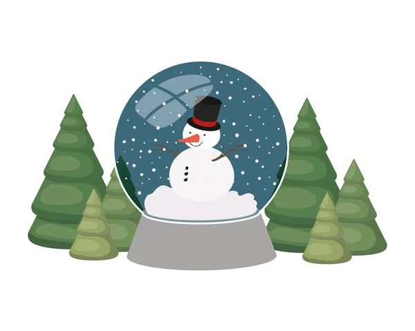 Muñeco de nieve y pino de Navidad en bola de cristal icono aislado — Archivo Imágenes Vectoriales