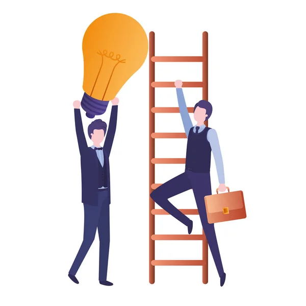 Επιχειρηματίες με το χαρακτήρα avatar σκάλα και λάμπα — Διανυσματικό Αρχείο