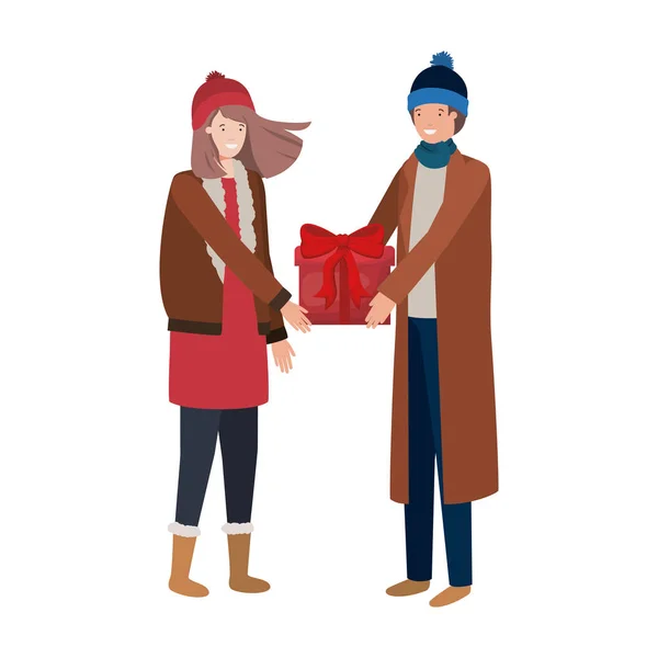 Jeune couple avec boîte cadeau avatar personnage — Image vectorielle