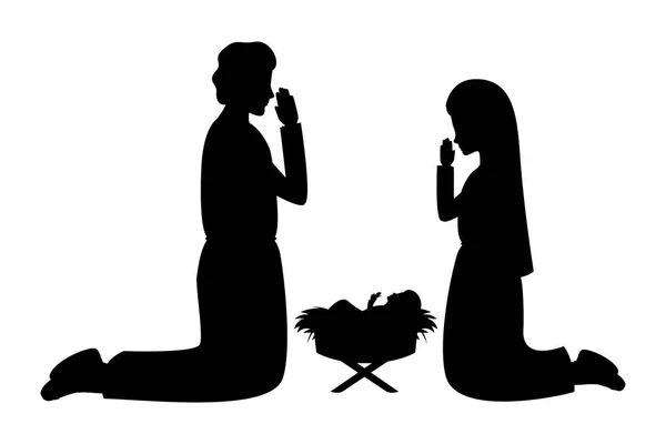 Holy family silhouettes manger characters — Stock Vector