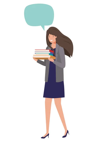 Business woman wit book and speech bubble — Stock Vector