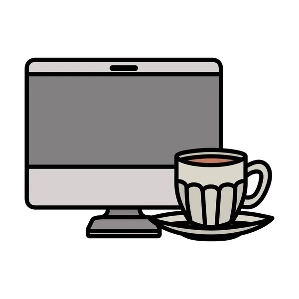 Pulpit komputerowy z filiżanką kawy na białym tle ikona — Wektor stockowy