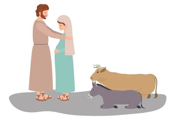 Діва Марі і святий Йозеф з тваринами — стоковий вектор