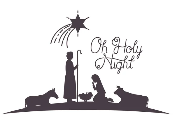 Famille sainte et animaux mangeoire silhouettes — Image vectorielle