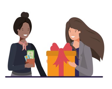 Cüzdan ve hediye kutusu avatar karakter ile kadınlar