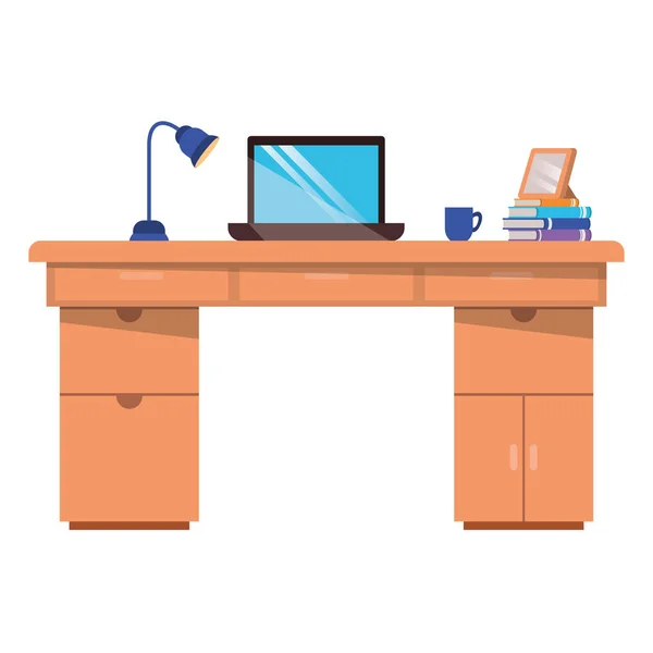 Bureau avec ordinateur portable icône isolée — Image vectorielle