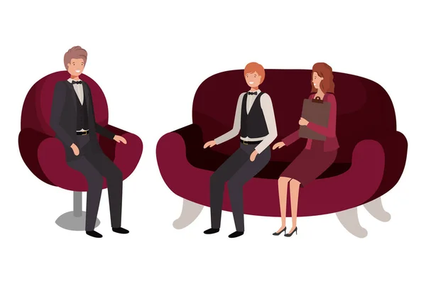 椅子に座っている人のグループ商務アバターキャラクター — ストックベクタ
