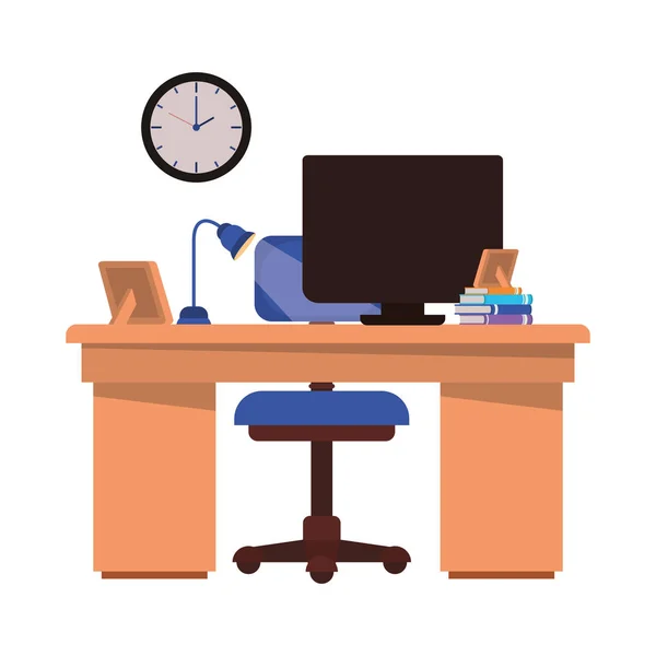 Bureau met computer geïsoleerd pictogram — Stockvector