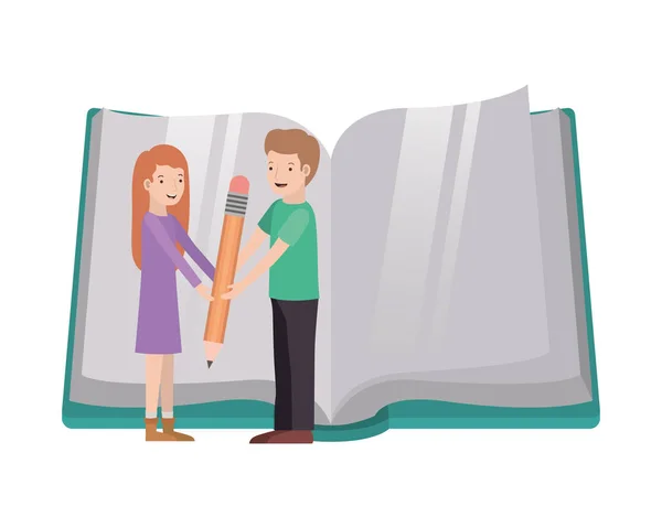 Ζευγάρι με βιβλίο κειμένου και μολύβι avatar χαρακτήρα — Διανυσματικό Αρχείο