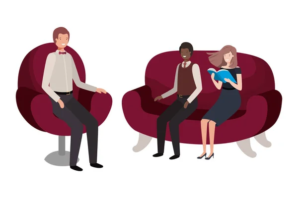Groupe de personnes rusticité assis dans des chaises avatar caractère — Image vectorielle