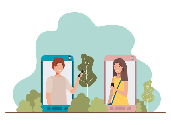 Pareja joven en smartphone con paisaje — Vector de stock