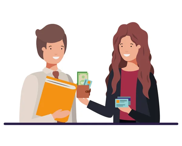Couple with wallet and book of diary avatar character — Stock Vector