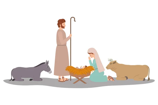 Kutsal Aile ve hayvanlar Manger karakterler — Stok Vektör