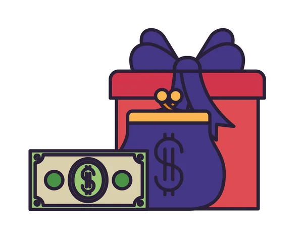 Cadeau avec sac à monnaie et icône isolée dollar — Image vectorielle
