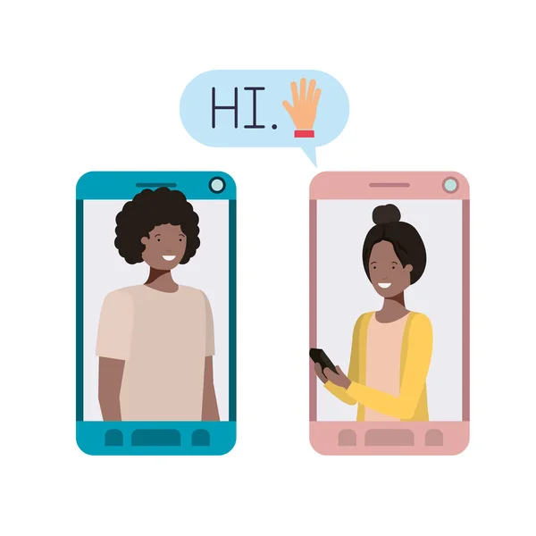 Mladý pár v telefonu Smartphone s bublinou řeči — Stockový vektor