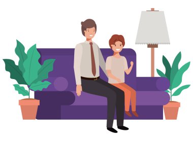 Baba ve oğul kanepede oturan avatar karakter