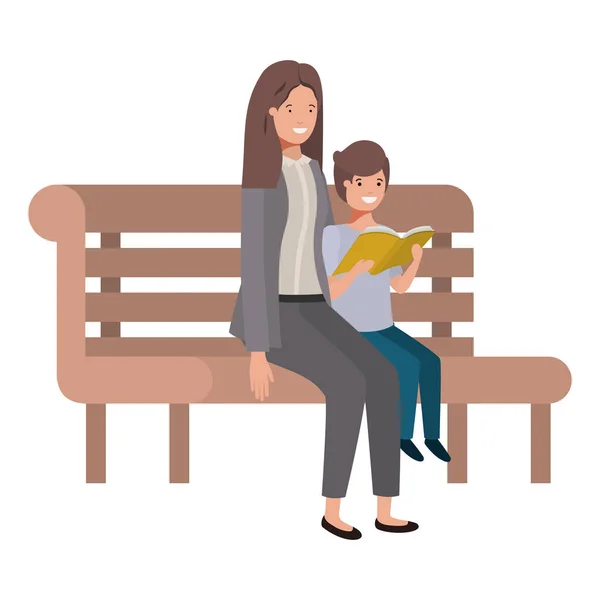 Mãe e filho sentado na cadeira do parque avatar personagem — Vetor de Stock