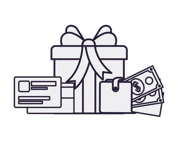 Cadeau avec carte de crédit et icône isolée dollar — Image vectorielle