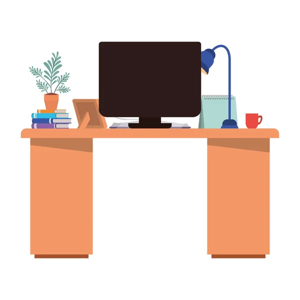 Biurko biurowe z komputerem na białym tle ikona — Wektor stockowy