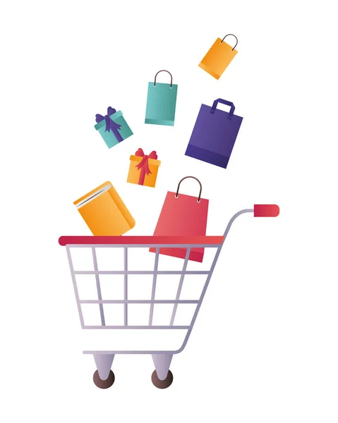 Shopping cart with gifts falling — Stock Vector