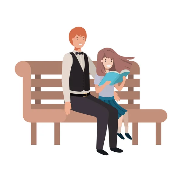 Père et fille assis dans la chaise de parc avatar personnage — Image vectorielle