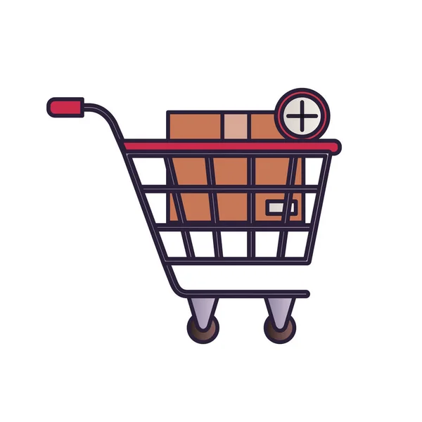 Carrito de compras con caja de cartón — Vector de stock