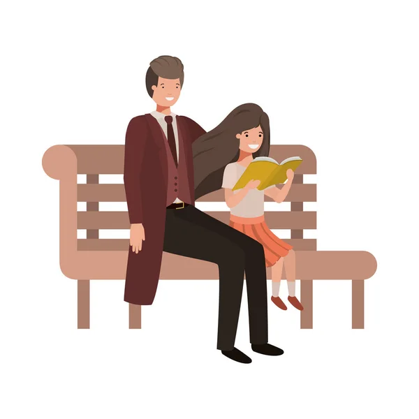 Father and daughter sitting in park chair avatar character — Stock Vector