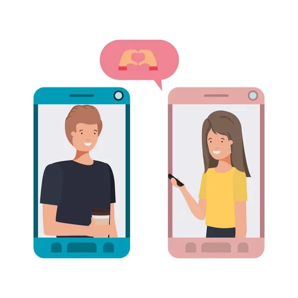Mladý pár v telefonu Smartphone s bublinou řeči — Stockový vektor