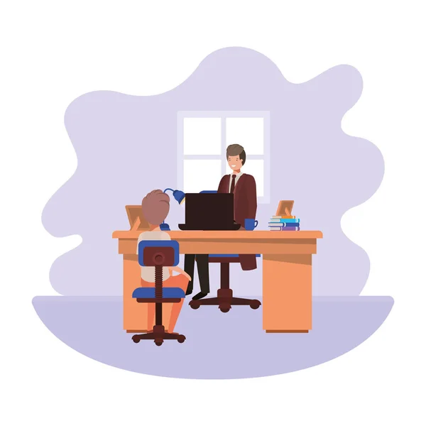 Homme d'affaires dans le bureau avec garçon avatar personnage — Image vectorielle