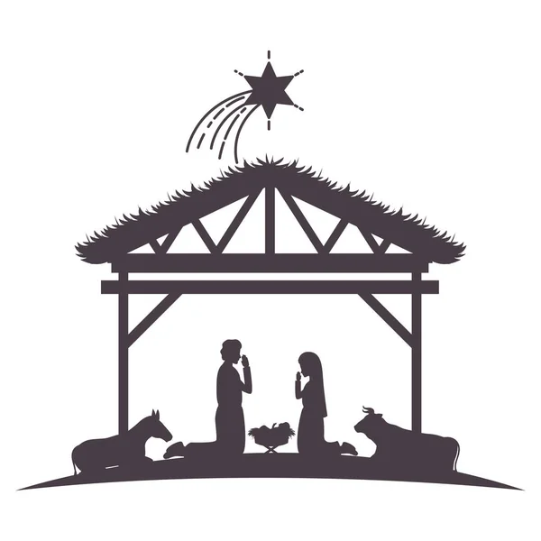Familia santa en establo con siluetas de animales — Vector de stock