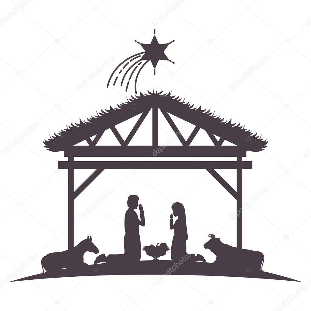 holy family in stable with animals silhouettes