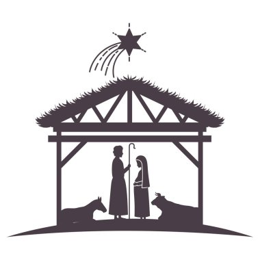 Bakire Mary ve Joseph hayvanlar siluetleri ile kararlı