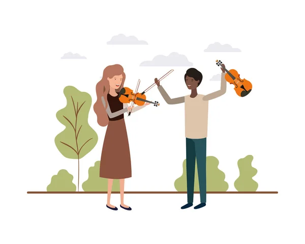 Paar mit Musikinstrumenten in der Landschaft — Stockvektor