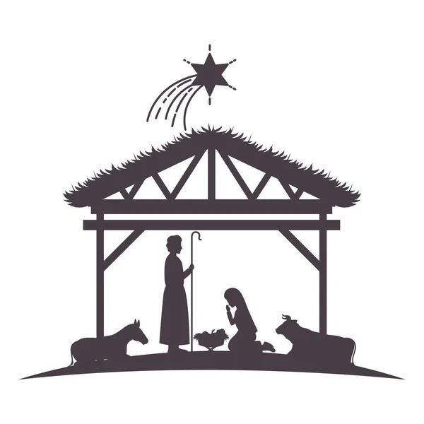 Familia santa en establo con siluetas de animales — Vector de stock