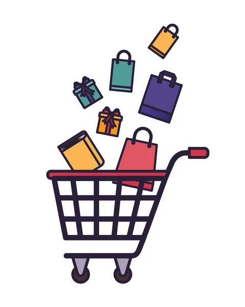 Shopping cart with gifts falling — Stock Vector
