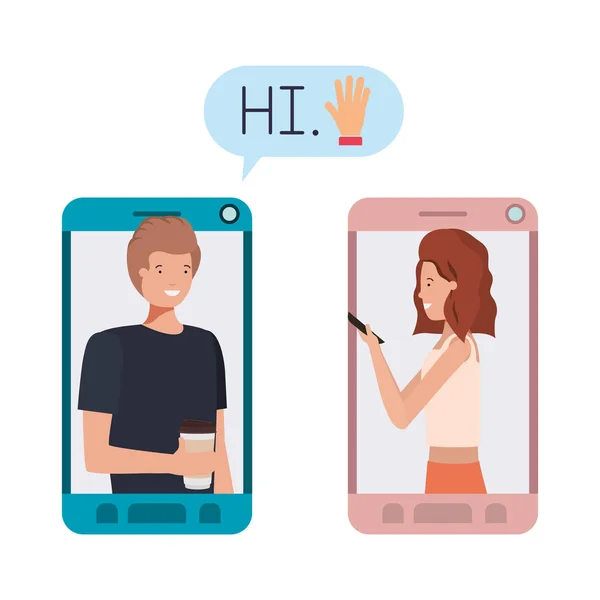 Ungt par i smartphone med prat bubbla — Stock vektor