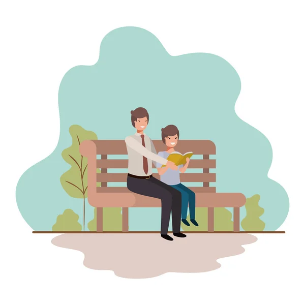 Padre e hijo sentado en el parque silla avatar carácter — Archivo Imágenes Vectoriales