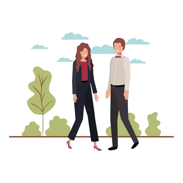 Jeune couple d'affaires avec caractère avatar paysage — Image vectorielle
