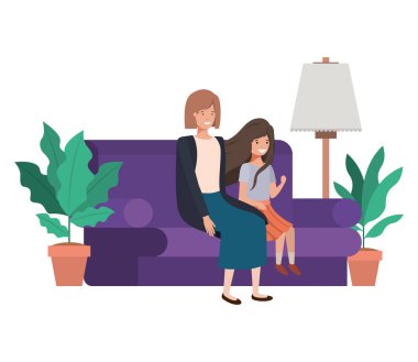 Anne ve kızı kanepe avatar karakter oturan